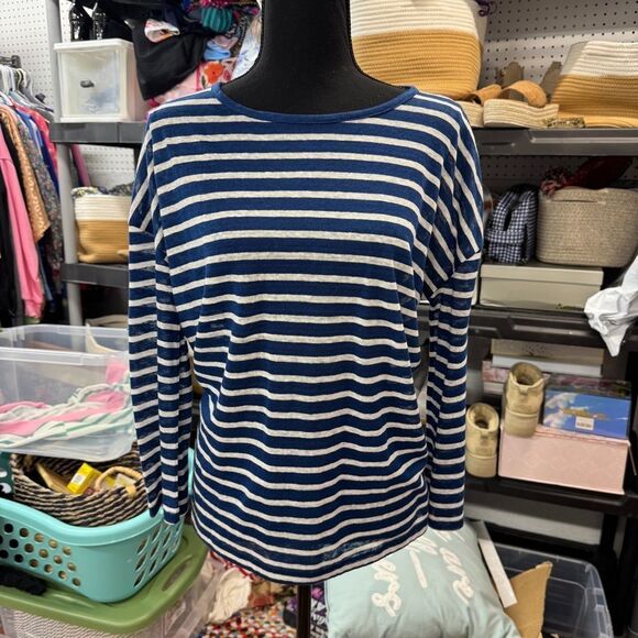 J Crew relaxed 100% Linen blue and white striped long sleeve Tee NWOT sz XXS - Picture 3 of 9
